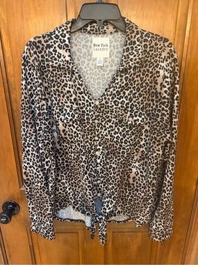 New York Laundry Tan and Black Leopard Tie-Front Shirt